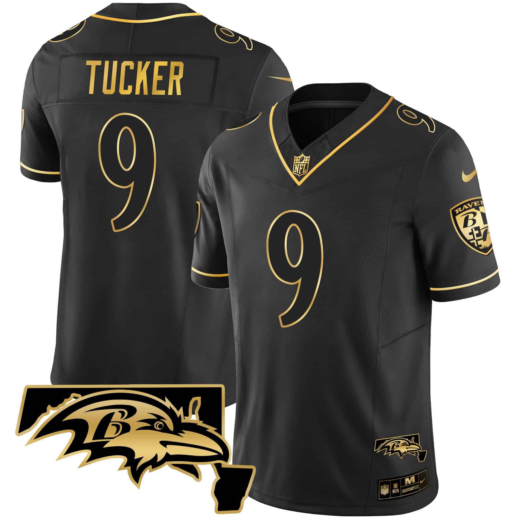 Men Baltimore Ravens #9 Tucker Black Gold 2024 Nike Maryland Patch Vapor Limited NFL Jersey style 2